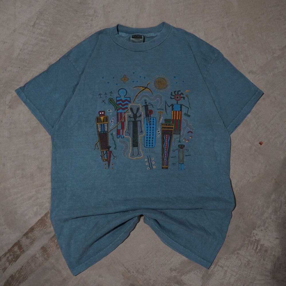 90s Ouray Southwest Petroglyph T Shirt Mens L Blue Tultex Native Art Vintage